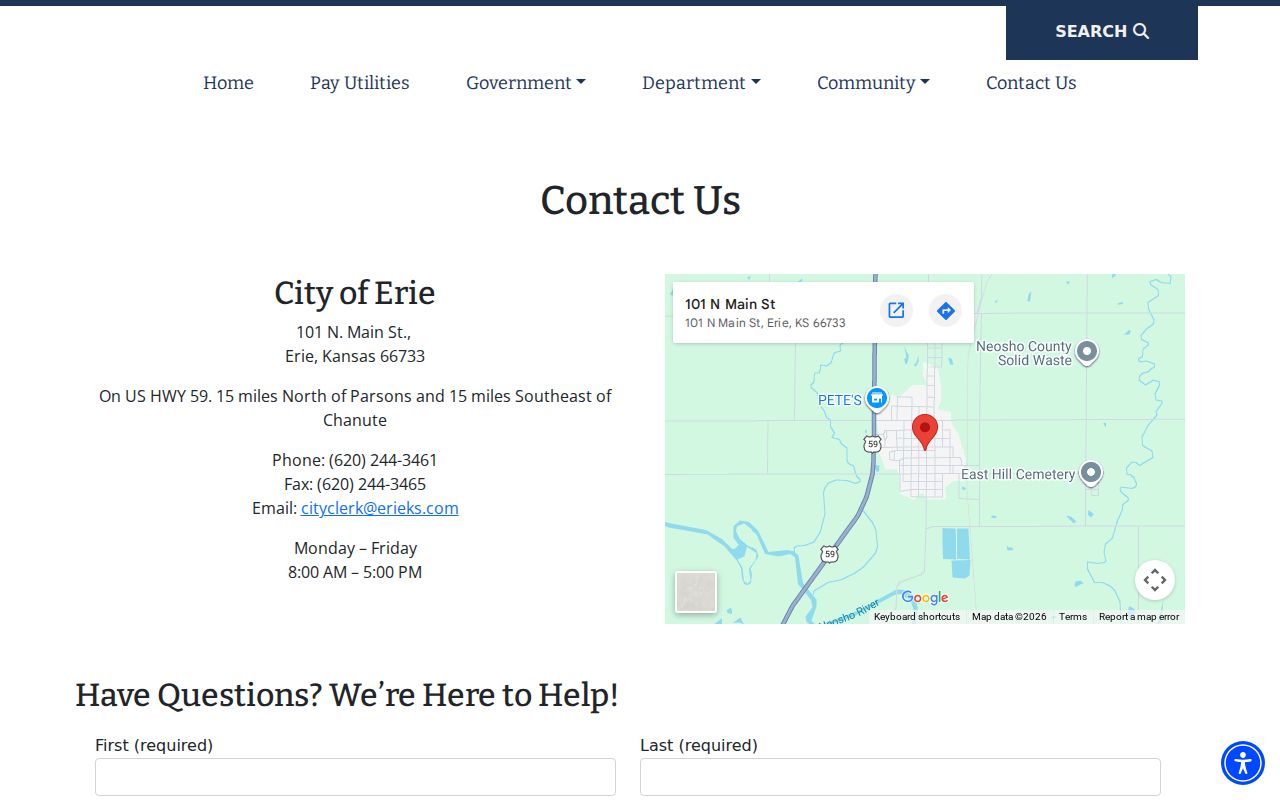 Official Erie Kansas police contact webpage
