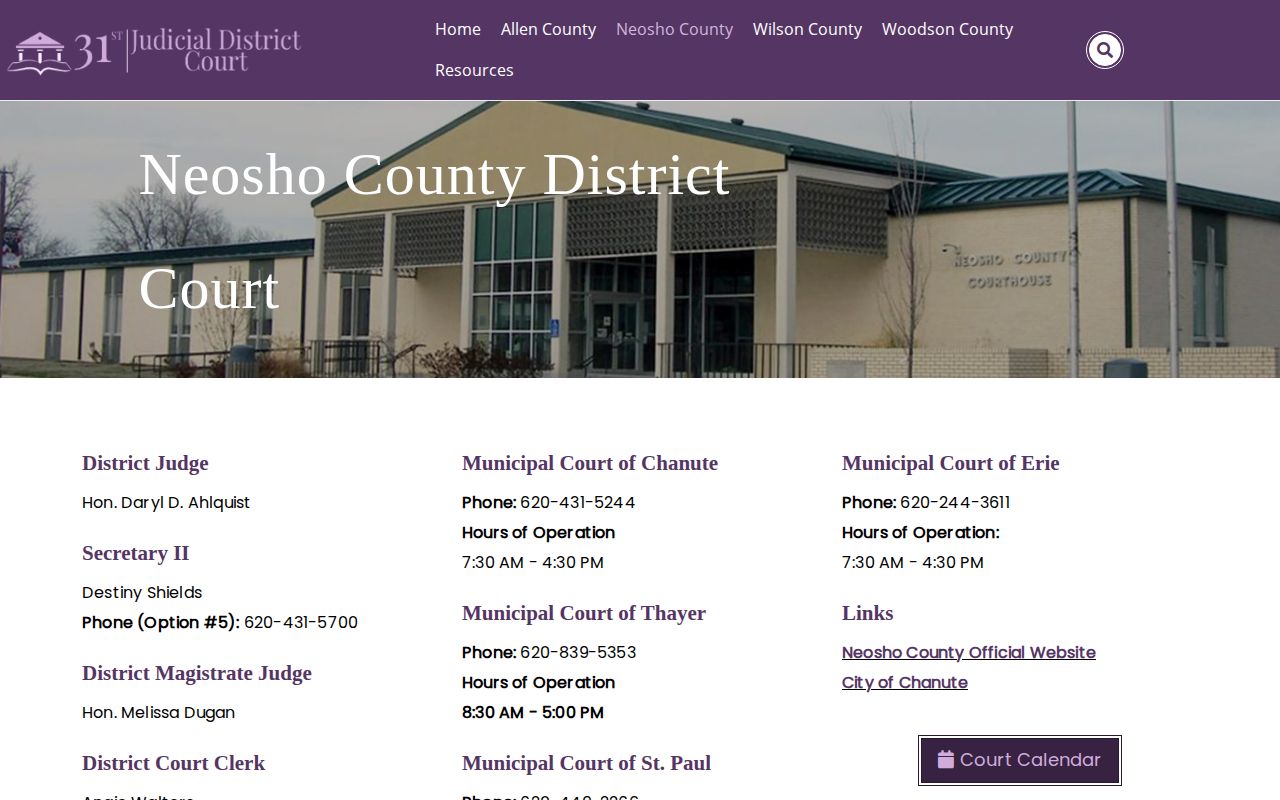 Neosho County court divisions for booking dispositions